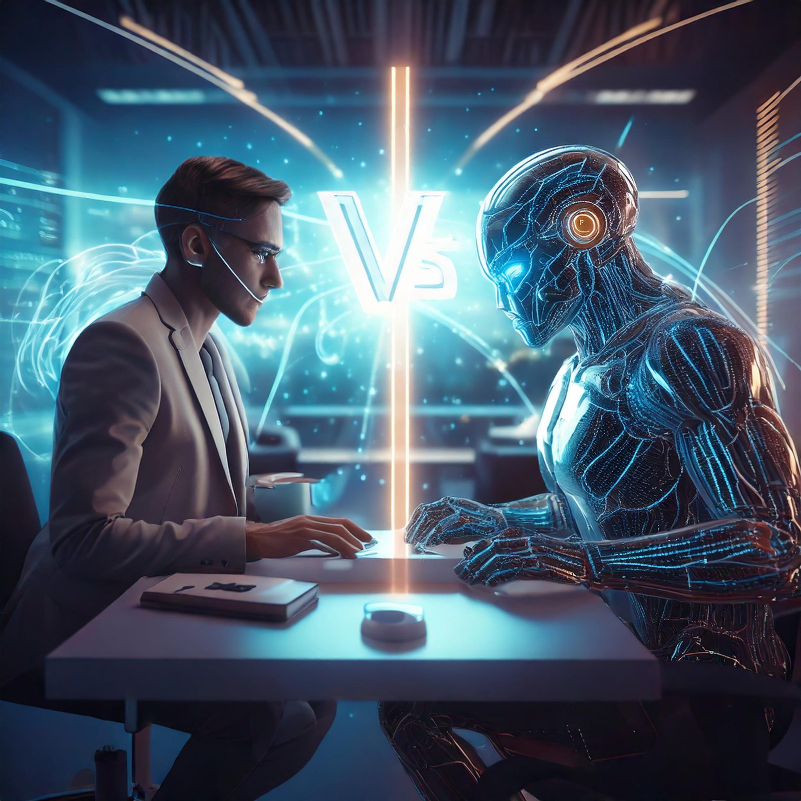 Firefly AI vs a man in the workfroce; futuristic; 3d 16300 Firefly AI vs a man in the workfroce; futuristic; 3d 16300